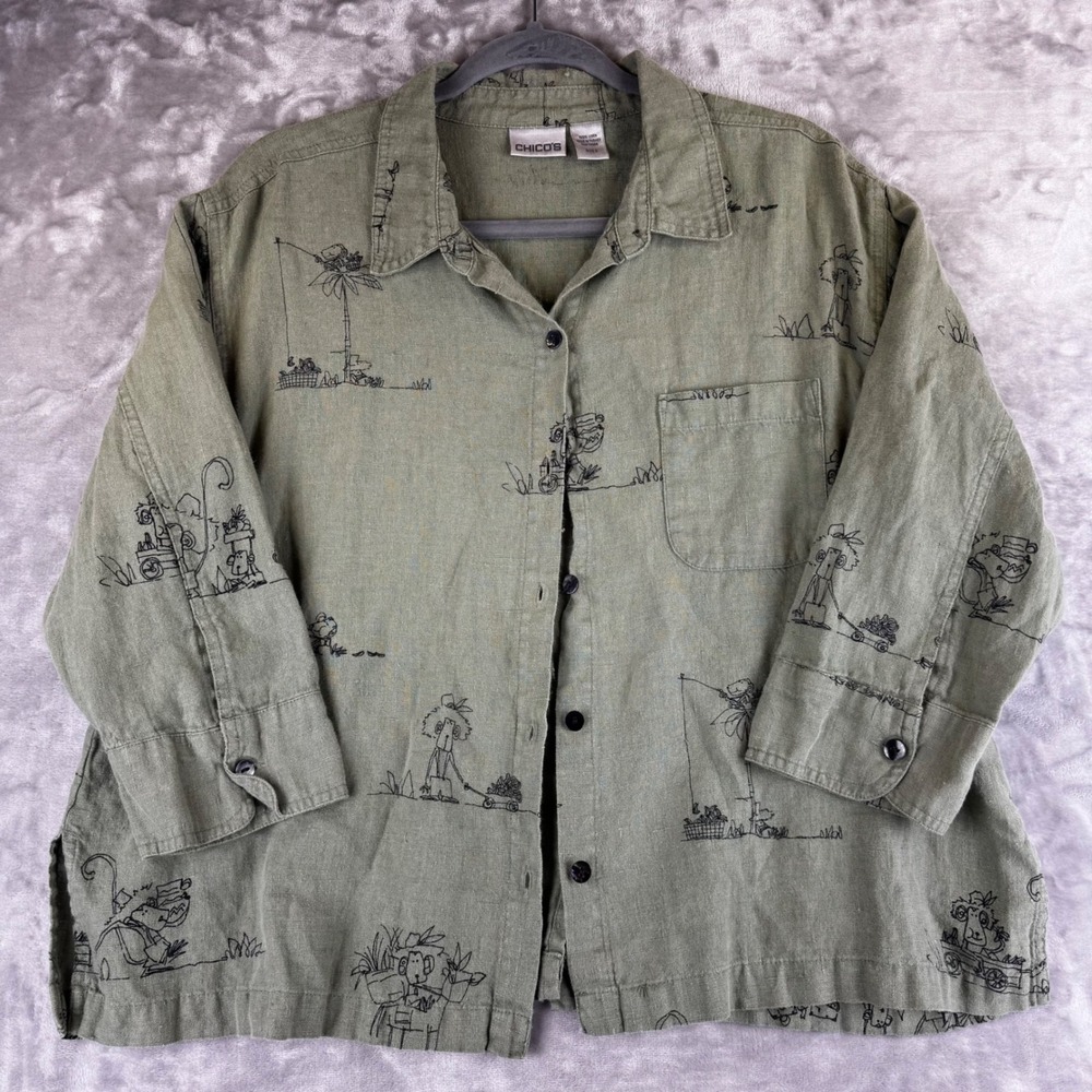 Chico's Button Down Shirt Women‎ 2 Green Linen Novelty Print Tropical (1470)